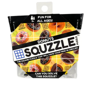 Squzzle Donuts puzzle package showing colorful donut pattern and grid solving challenge