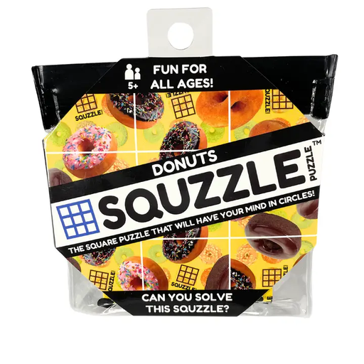 Squzzle Donuts puzzle package showing colorful donut pattern and grid solving challenge