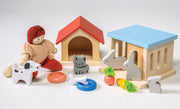 Wooden rabbit hutch pet playset with figurine, animals, food bowls and vegetables