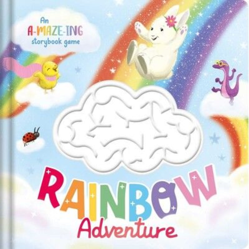 Rainbow Adventure storybook game cover with unicorn, rainbow, cloud maze and colorful characters.