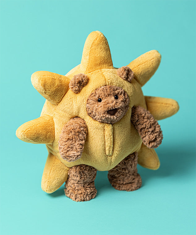 Jellycat Amuseables Sun plush toy with yellow sun rays and brown teddy bear body