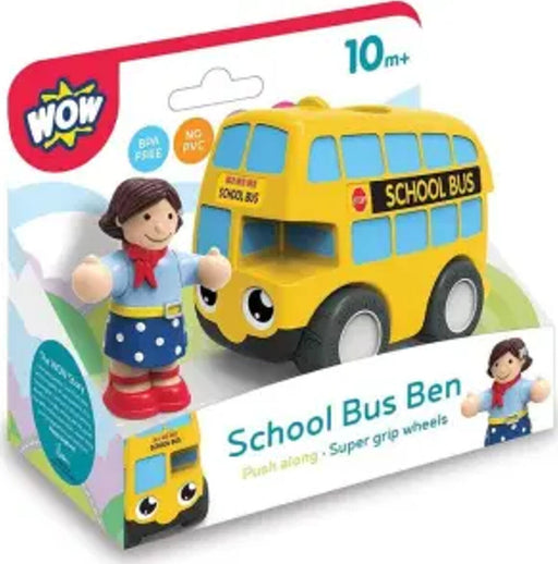 WOW Toys School Bus Ben yellow toy bus with female figure, ages 10 months plus