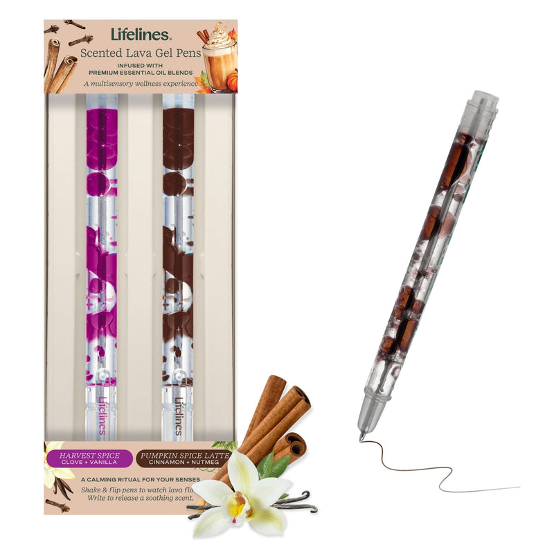 Lifelines scented lava gel pens two-pack with violet and brown colors in clear packaging
