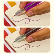 Close-up of hands using violet and brown scented lava pens writing on lined paper
