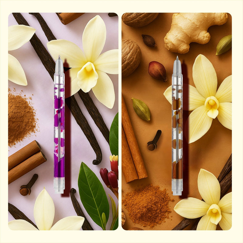 Two scented lava pens with violet and brown liquids surrounded by vanilla beans and spices