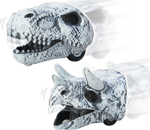 Two white fossilized-style dinosaur skull ride-on toys with wheels on white background