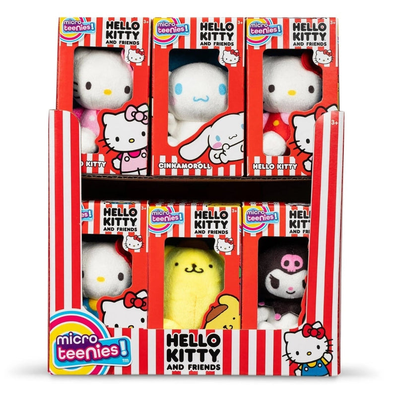 Hello Kitty Micro Teenies plush toys displayed in red striped packaging boxes