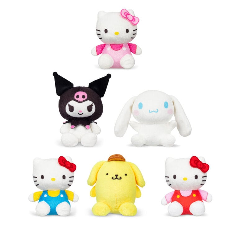 Collection of six Hello Kitty and Sanrio character micro plush toys on white background