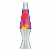 14.5 inch lava lamp with yellow wax and purple liquid in silver base