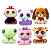Six LPS Cuddle Plush toys with big eyes including ladybug, panda, dog, frog, cat, and cow