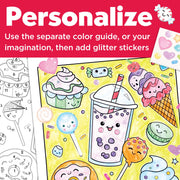 Paint by number coloring book page featuring cute kawaii sweets with glitter stickers