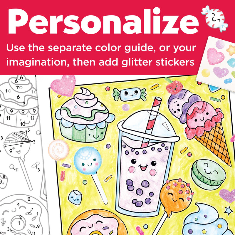 Paint by number coloring book page featuring cute kawaii sweets with glitter stickers