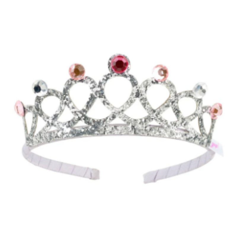 Silver glittery crown tiara with colorful gems on white background