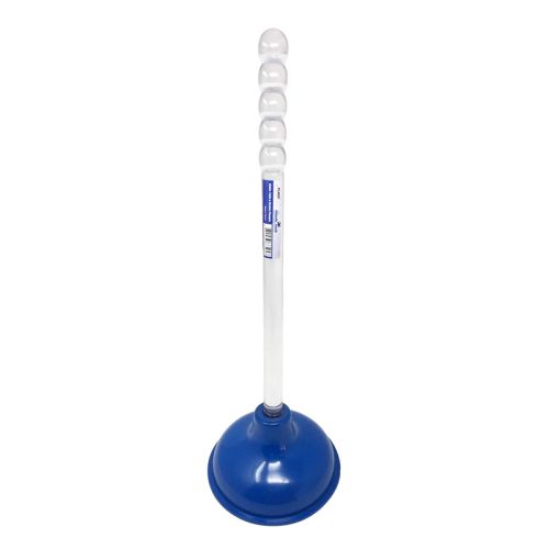 Blue and white toilet plunger with rubber cup and long handle
