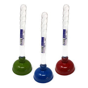 Three toilet plungers with white handles and colored rubber cups in green, blue, and red