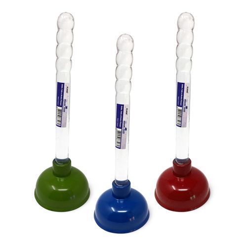 Three toilet plungers with white handles and colored rubber cups in green, blue, and red