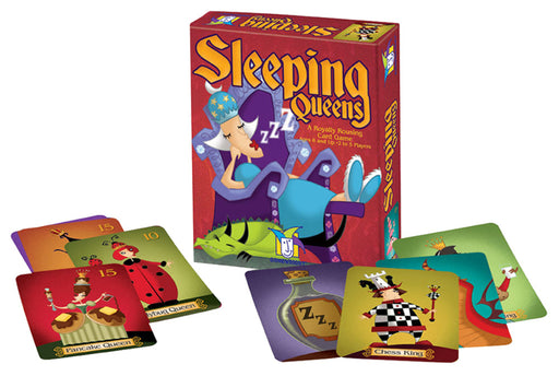 Sleeping Queens card game box with colorful playing cards spread around