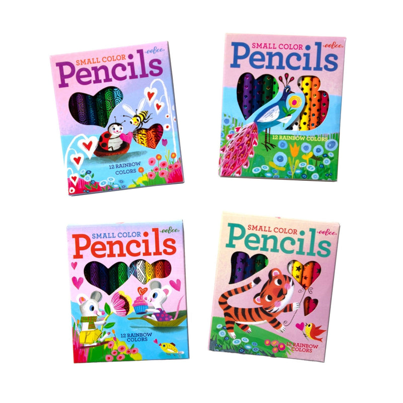 Four eeBoo small colored pencil sets with Valentine's themed animal illustrations and hearts