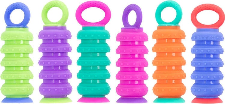 Six colorful Krumples fidget toys with stacked rings and handles in various bright colors