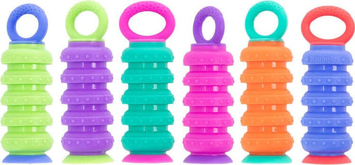 Six colorful Krumples fidget toys with stacked rings and handles in various bright colors