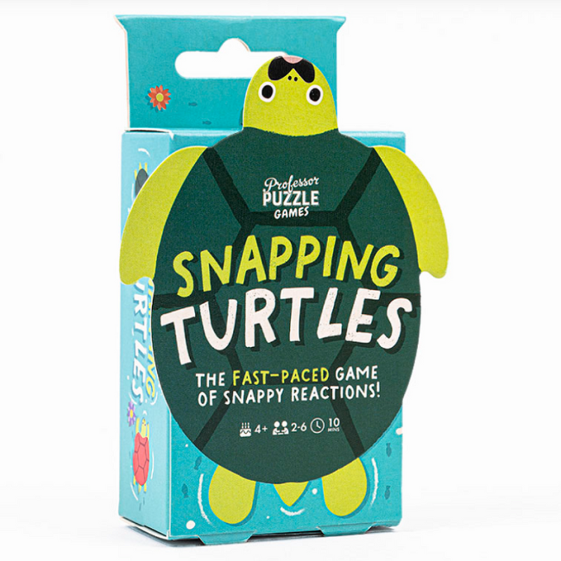 Snapping Turtles card game by Professor Puzzle in turtle-shaped packaging on white background