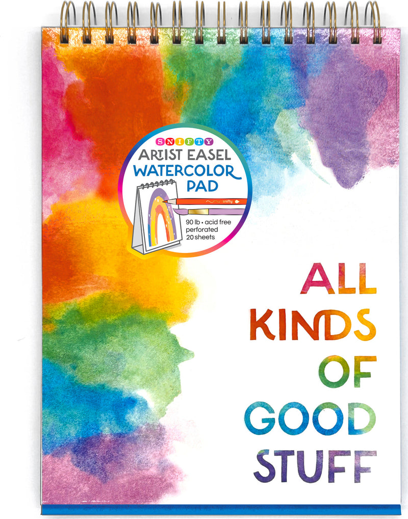 Snifty Artist Easel Watercolor Pad with colorful watercolor background and rainbow text