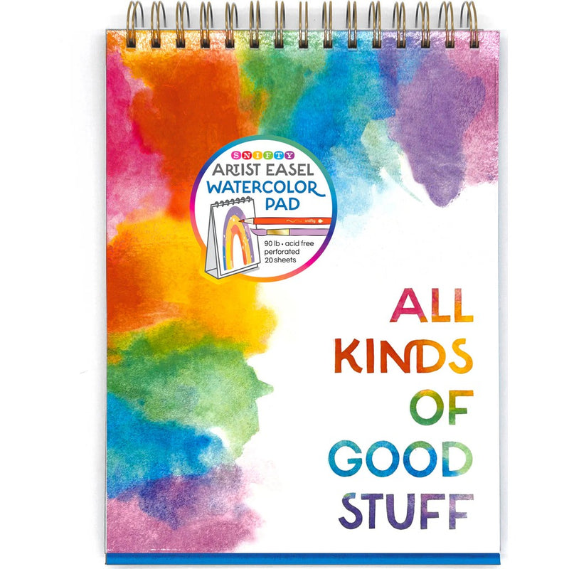 Snifty Artist Easel Watercolor Pad with colorful watercolor background and rainbow text