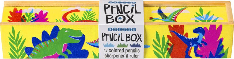 Snifty Dino Days yellow pencil box with dinosaur artwork, includes 12 colored pencils, sharpener and ruler