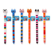 Six Snifty Purrrrfect cat-topped multicolor striped pens displayed on white background
