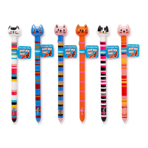 Six Snifty Purrrrfect cat-topped multicolor striped pens displayed on white background