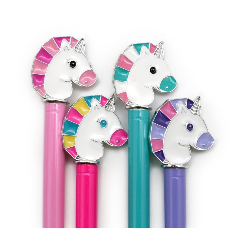 Four colorful unicorn enamel charm pens with white unicorn heads and rainbow manes