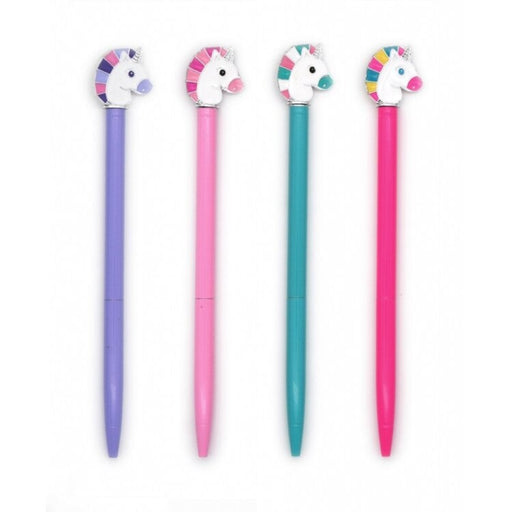 Four colorful unicorn-themed pens with enamel unicorn heads in purple, pink, teal, and magenta