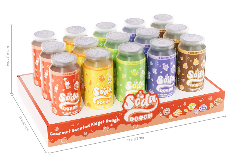 Soda Dough Asmt collection showing colorful scented fidget dough containers in soda can design