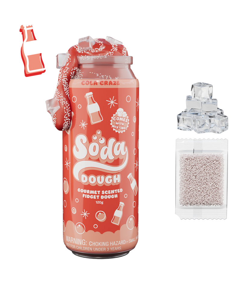 Cola Craze scented fidget dough in red soda can packaging with mix-in beads