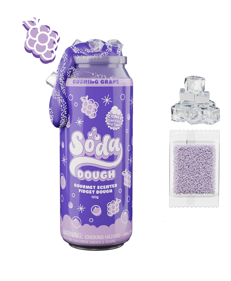 Purple grape-scented Soda Dough fidget toy with ice cubes and foam beads