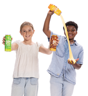 Two children playing with colorful Soda Dough slime products creating stretchy streams