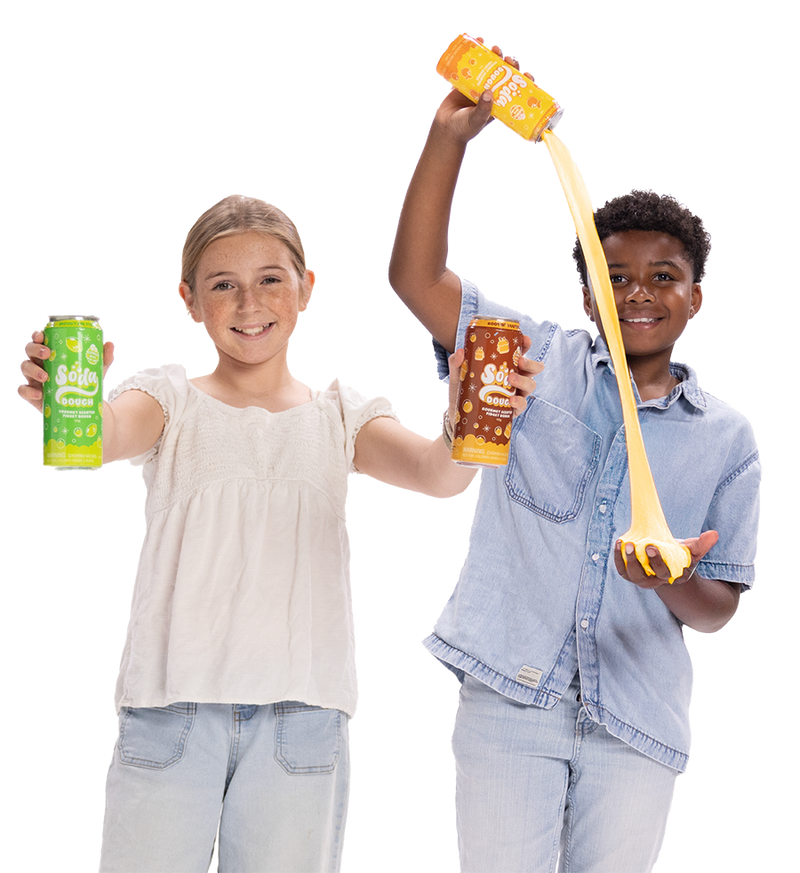 Two children playing with colorful Soda Dough slime products creating stretchy streams