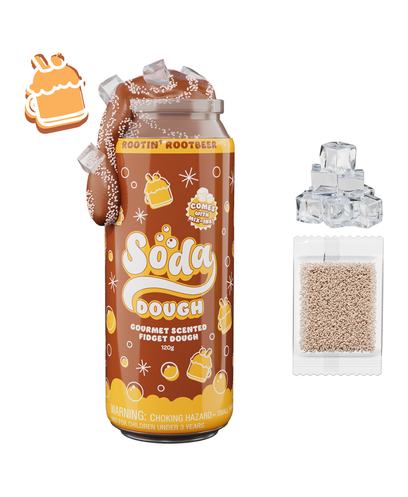 Soda Dough Rootin' Rootbeer scented fidget dough in brown tube with accessories