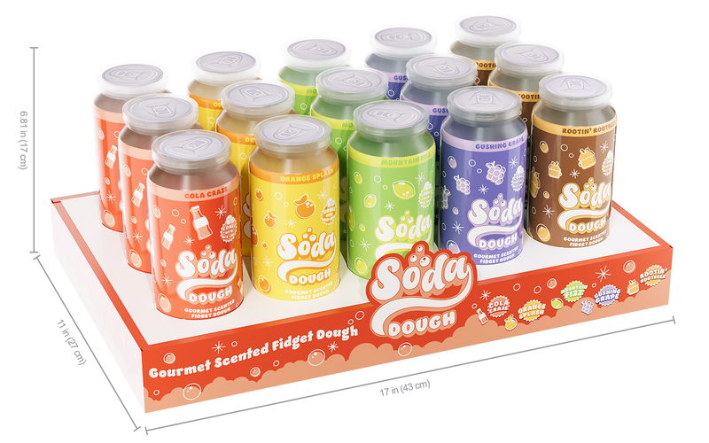 Soda Dough Asmt display box with multiple scented fidget dough containers in various flavors