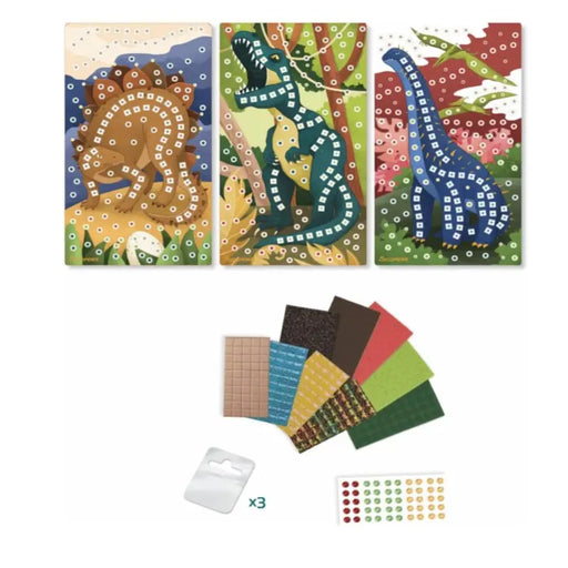Dinosaur mosaic craft kit with three completed artworks and colorful tile materials