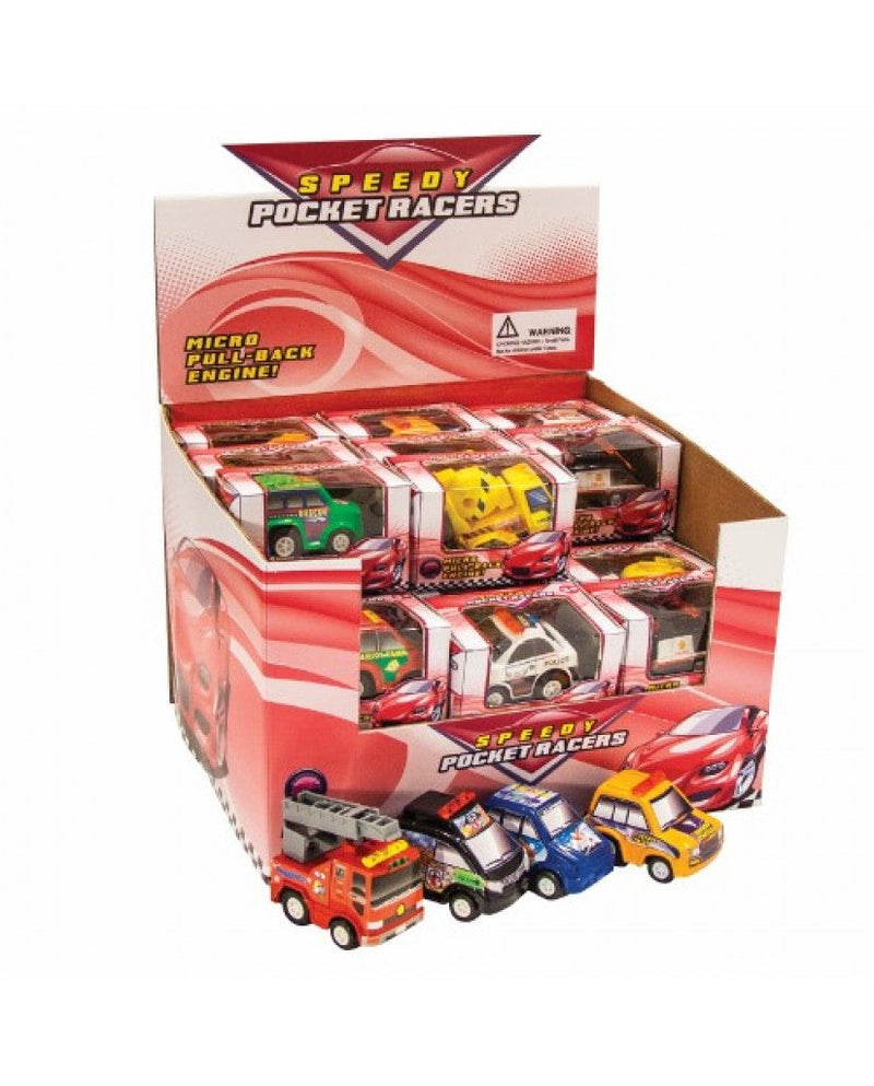 Speedy Pocket Racers display box with various small toy cars and vehicles