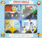 Speedy Wheels four-book set showing fire truck, tractor, construction vehicle, and police car covers