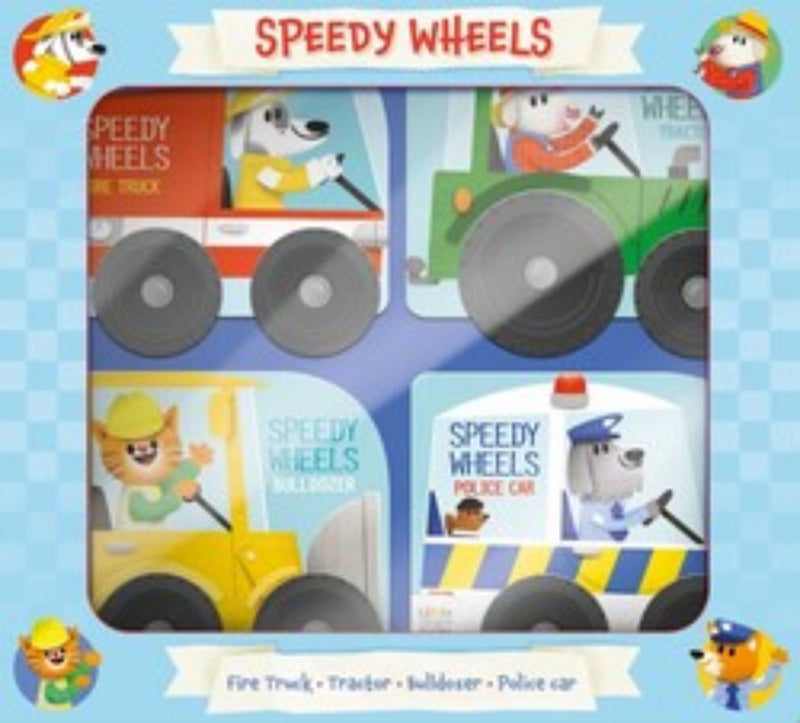 Speedy Wheels four-book set showing fire truck, tractor, construction vehicle, and police car covers