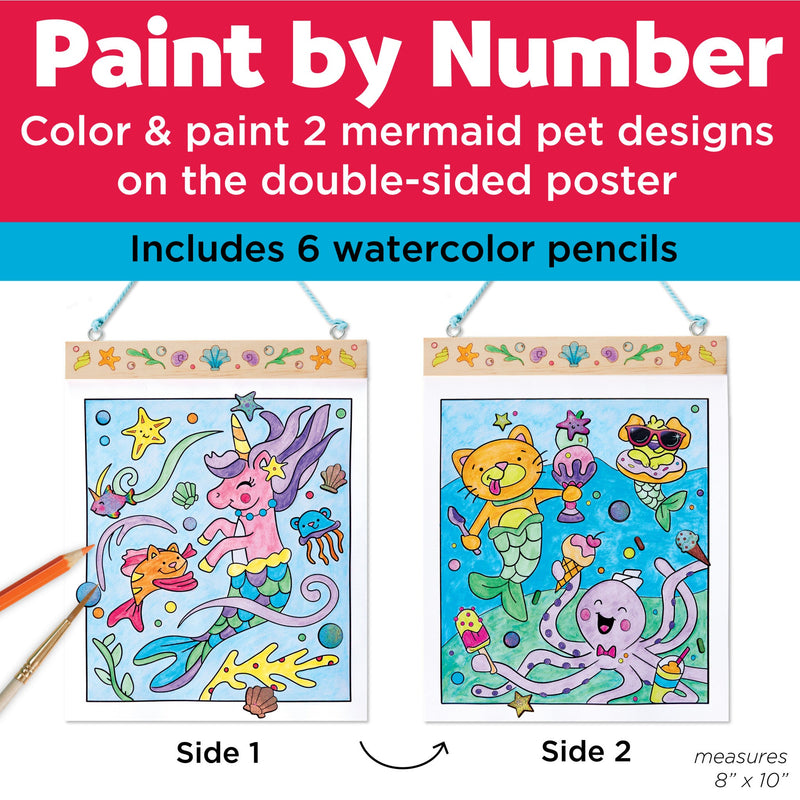 Paint by Number mermaid pets kit with double-sided poster and watercolor pencils