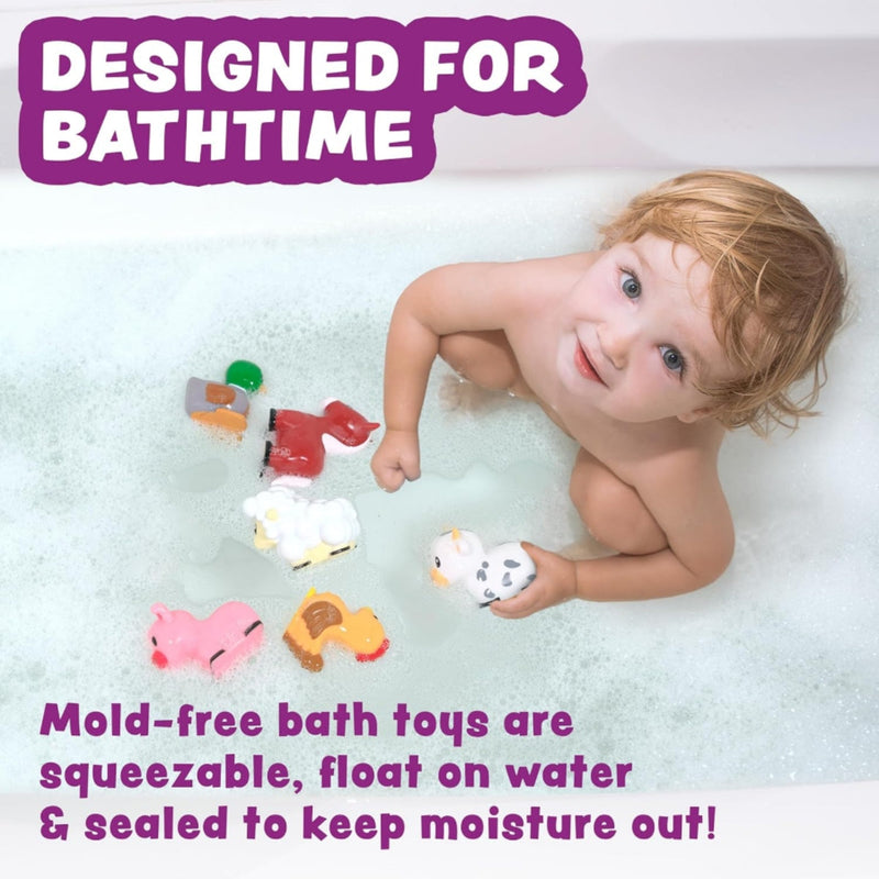 Child playing with colorful barnyard animal bath toys in bathtub with bubbles