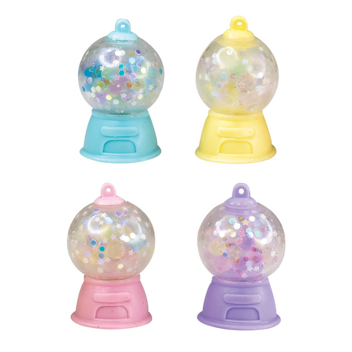 Four miniature gumball machine squishies in pastel colors with confetti filling