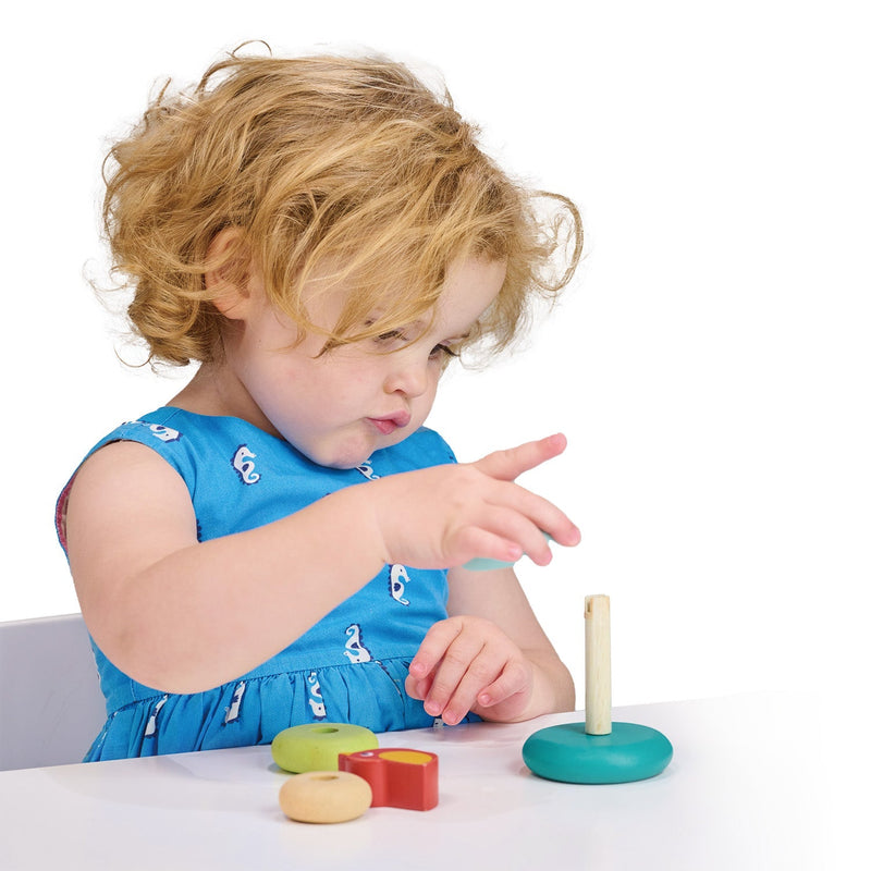 Child playing with colorful wooden stacking tree toy with bird pieces