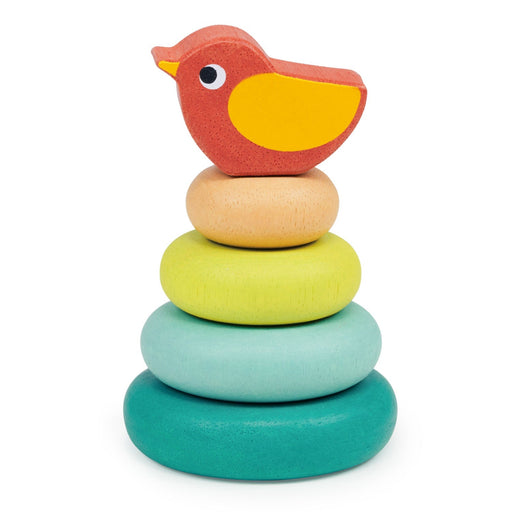 Colorful wooden stacking toy with bird topper featuring graduated rainbow rings
