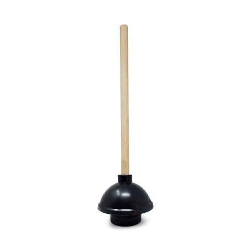 Black rubber plunger with wooden handle on white background