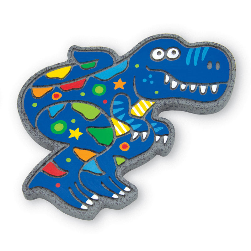 Blue dinosaur-shaped stepping stone with colorful geometric patterns and cartoon eyes